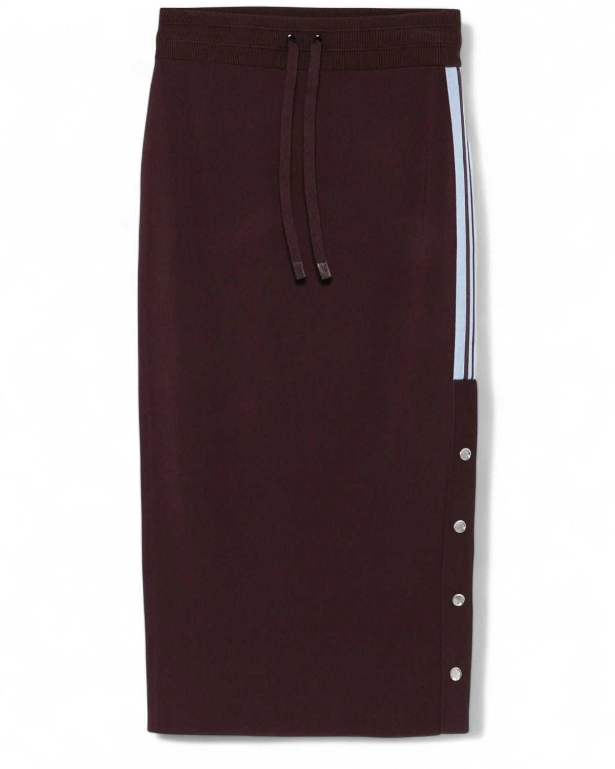 Gonna sporty-chic Pinko con bande laterali bianche e bottoni a pressione, vita alta con coulisse regolabile, stile casual invernale.