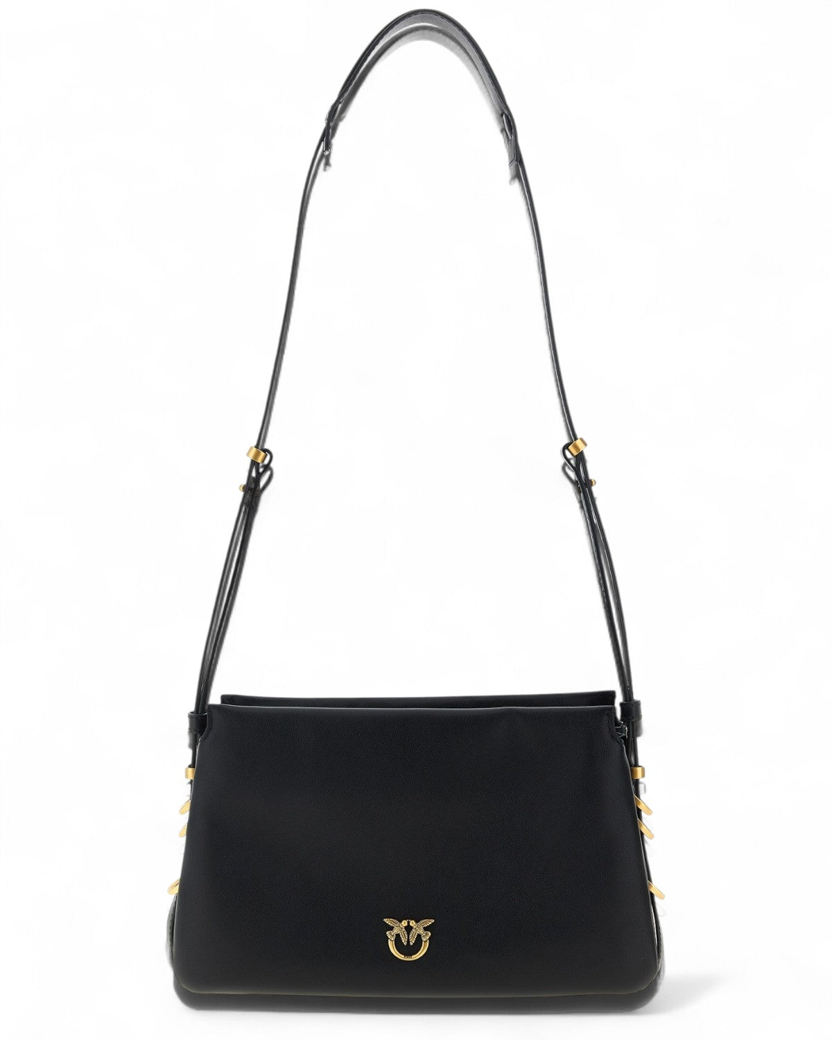 Borsa Tracolla Pelle Vitello Triplet Mini Compatta nera con logo metallico frontale e tracolla regolabile, design elegante a tre scomparti.