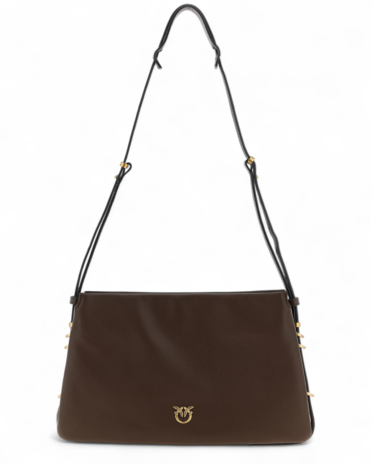 Borsa a Tre Soffietti in Pelle – Elegante e Funzionale, modello a spalla in pelle marrone con logo dorato e tracolla regolabile.