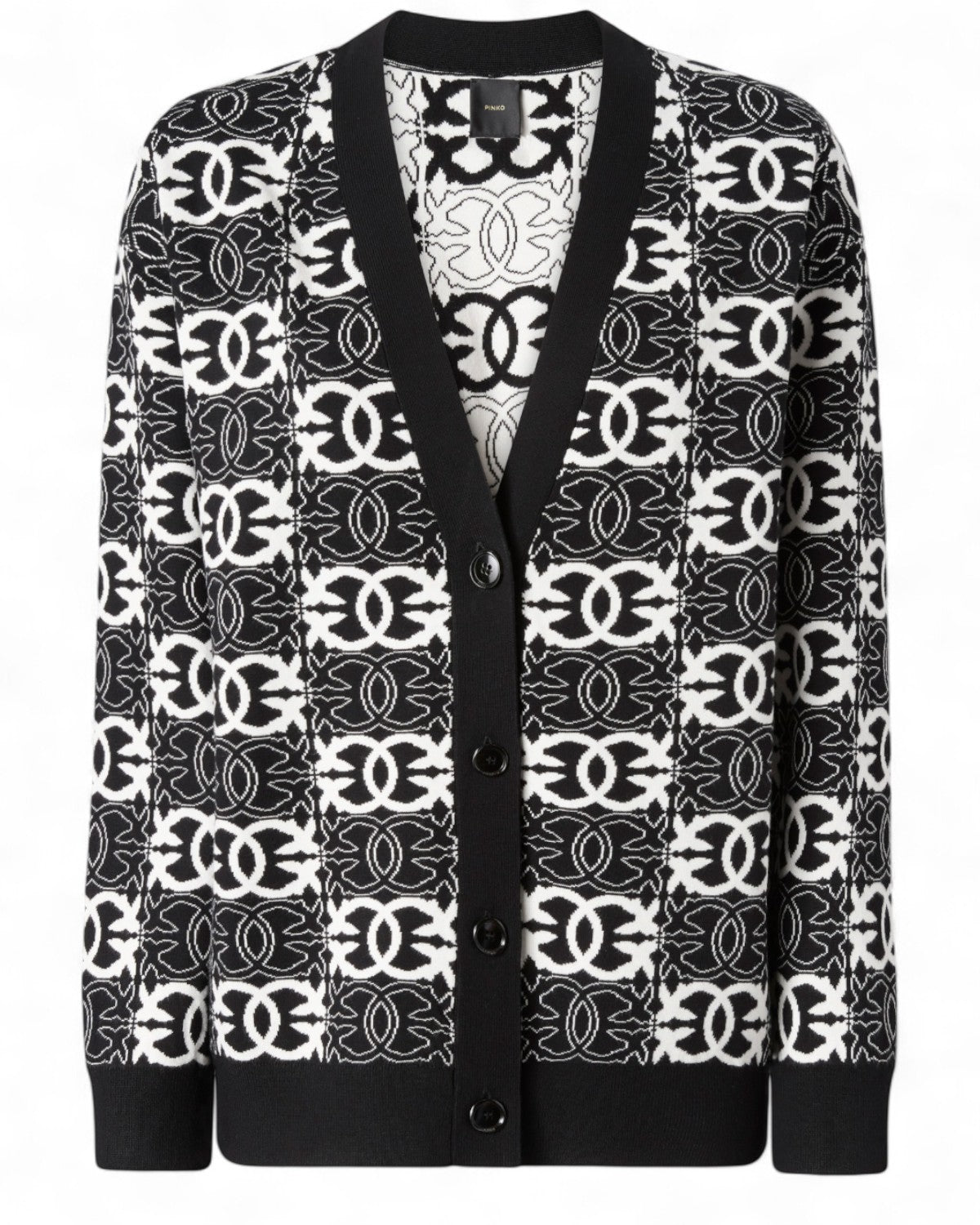 Cardigan oversize con logo Love Birds di Pinko in maglia jacquard nera e bianca, chiusura a bottoni e scollo a V, perfetto per look invernali.
