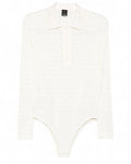 Body Polo Donna Effetto Traforato - PINKO in tessuto bianco a maniche lunghe con colletto classico e chiusura a bottoni, ideale per look eleganti.