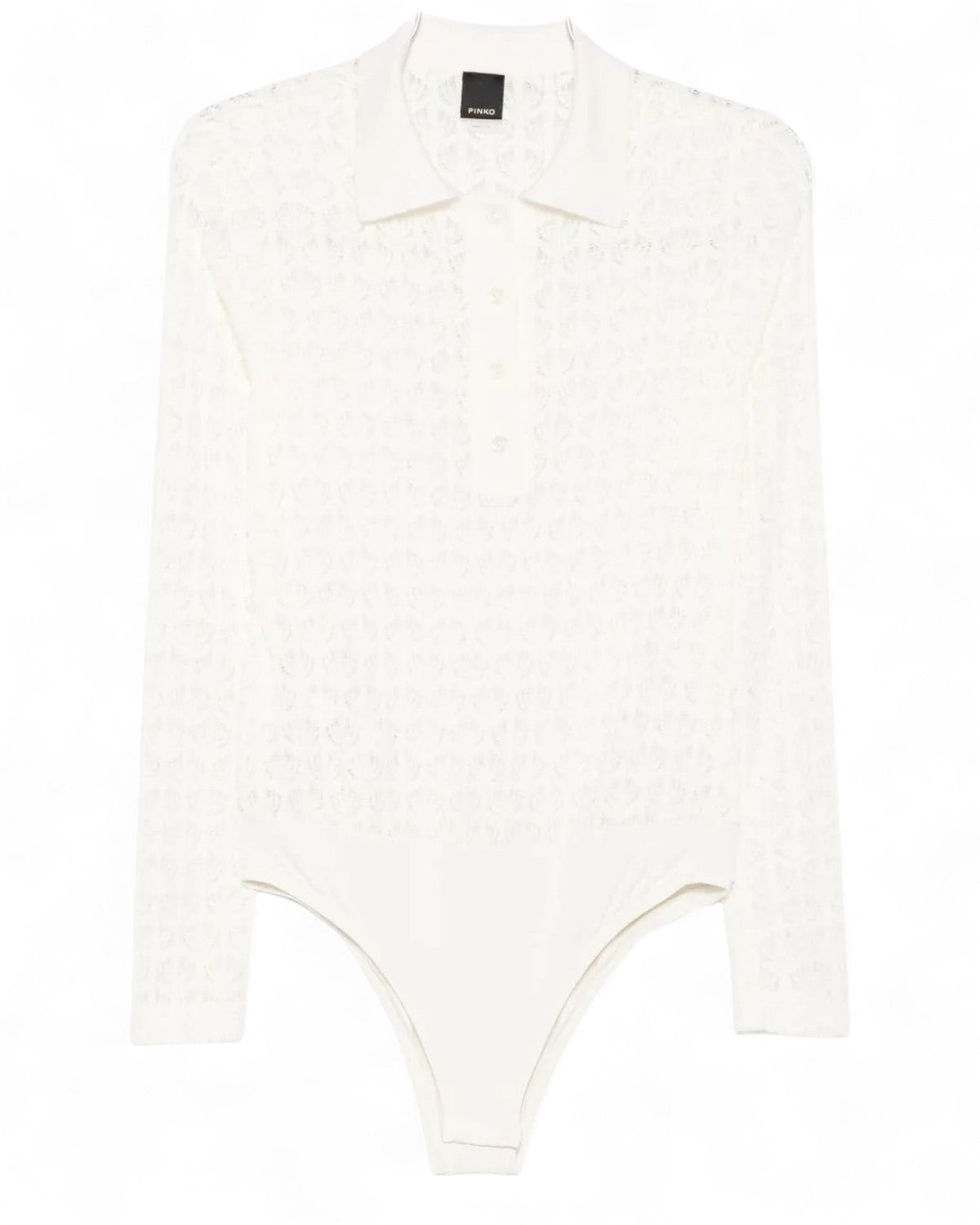 Body Polo Donna Effetto Traforato - PINKO in tessuto bianco a maniche lunghe con colletto classico e chiusura a bottoni, ideale per look eleganti.