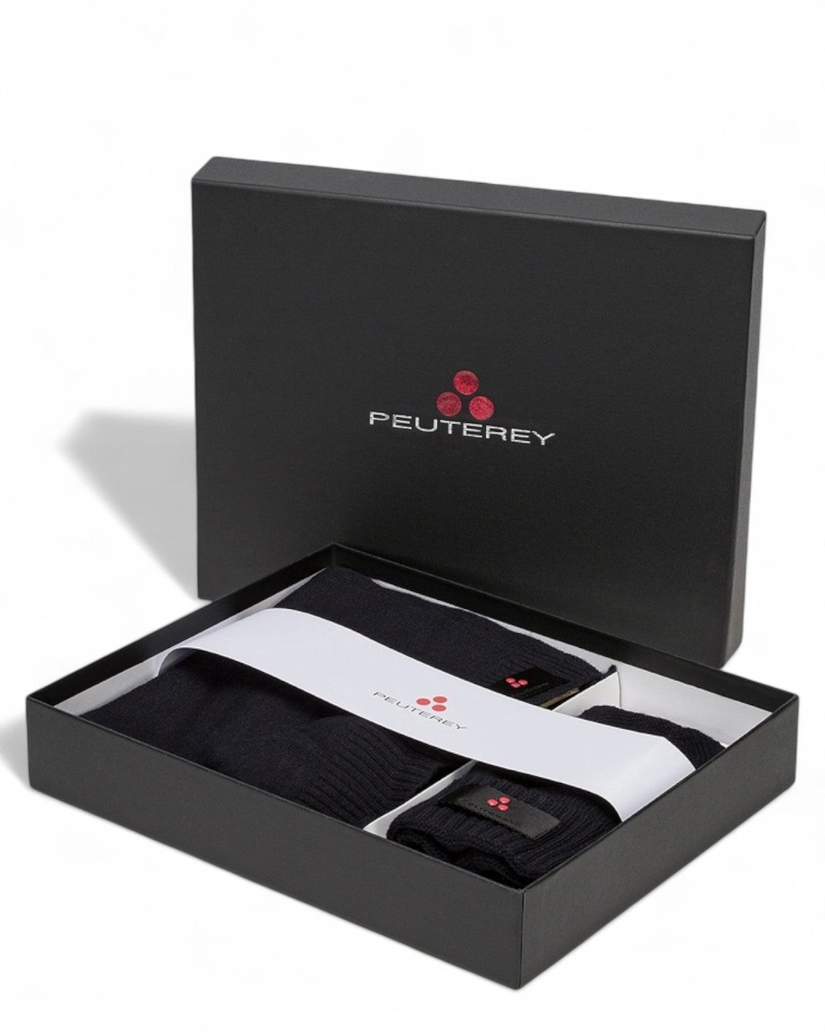 Kit sciarpa berretto Peuterey in misto cashmere nero con logo, confezione regalo elegante ideale per l'inverno e come accessorio uomo FW26.