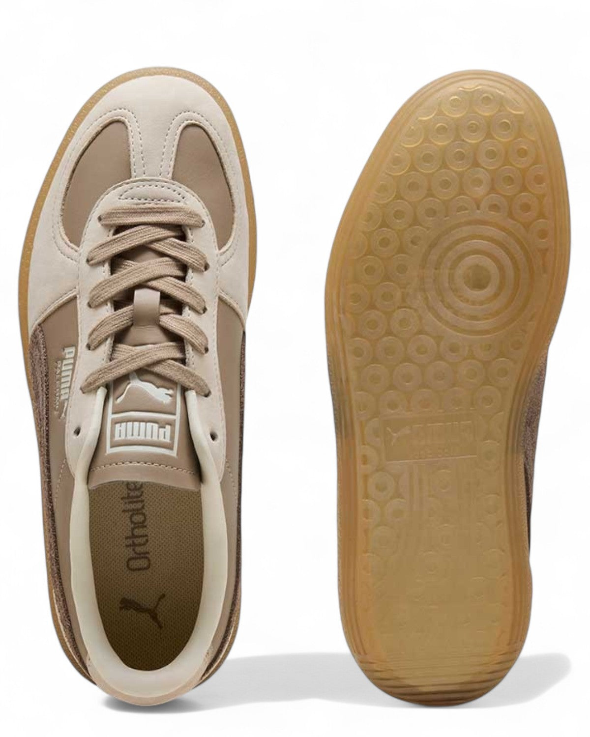 Vista dall’alto e suola delle sneakers Palermo Puma Donna, con soletta Ortholite e battistrada in gomma per comfort e aderenza ottimali.