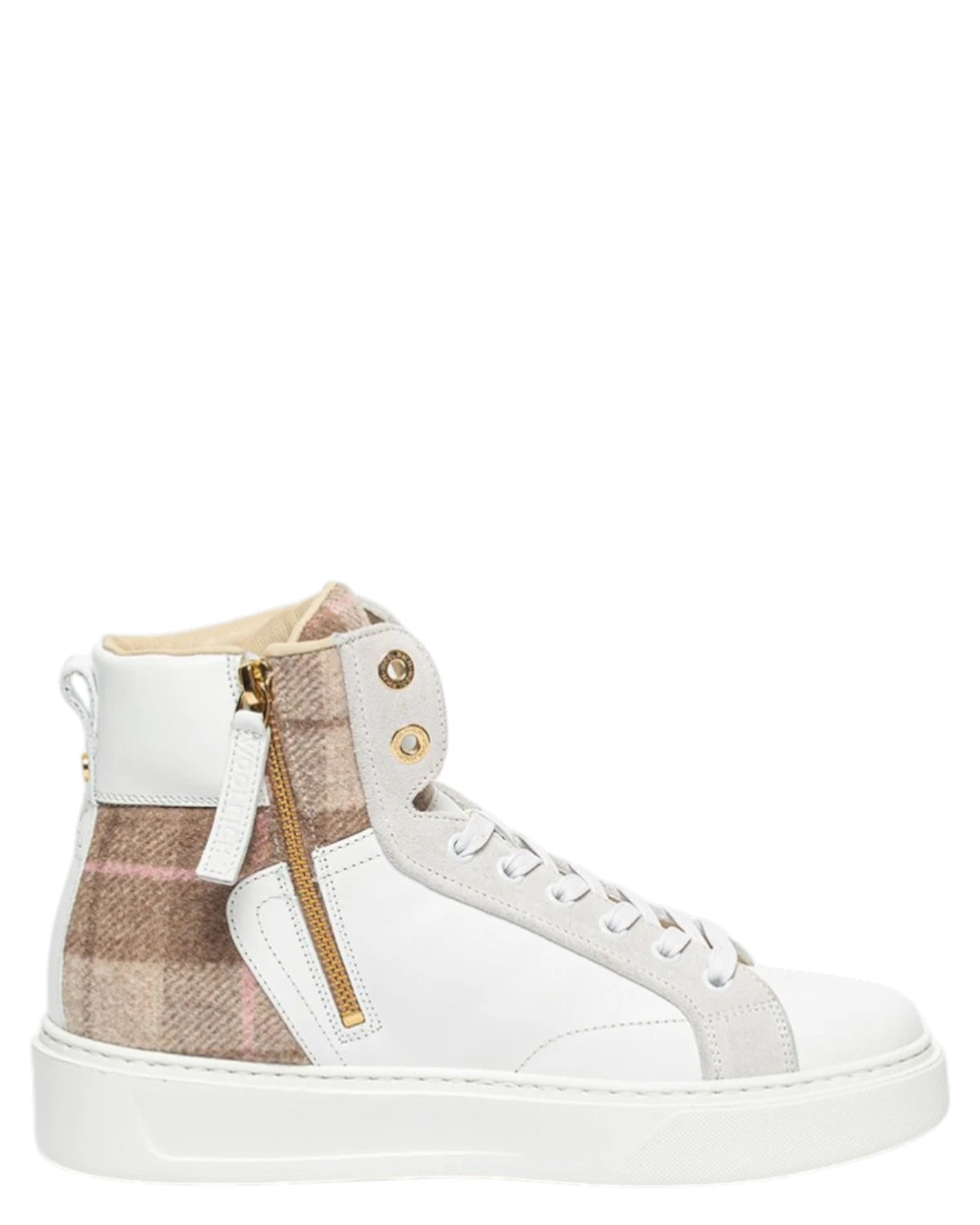 Sneakers Donna High Top in Pelle Bianca e Tessuto Beige con Zip Laterale