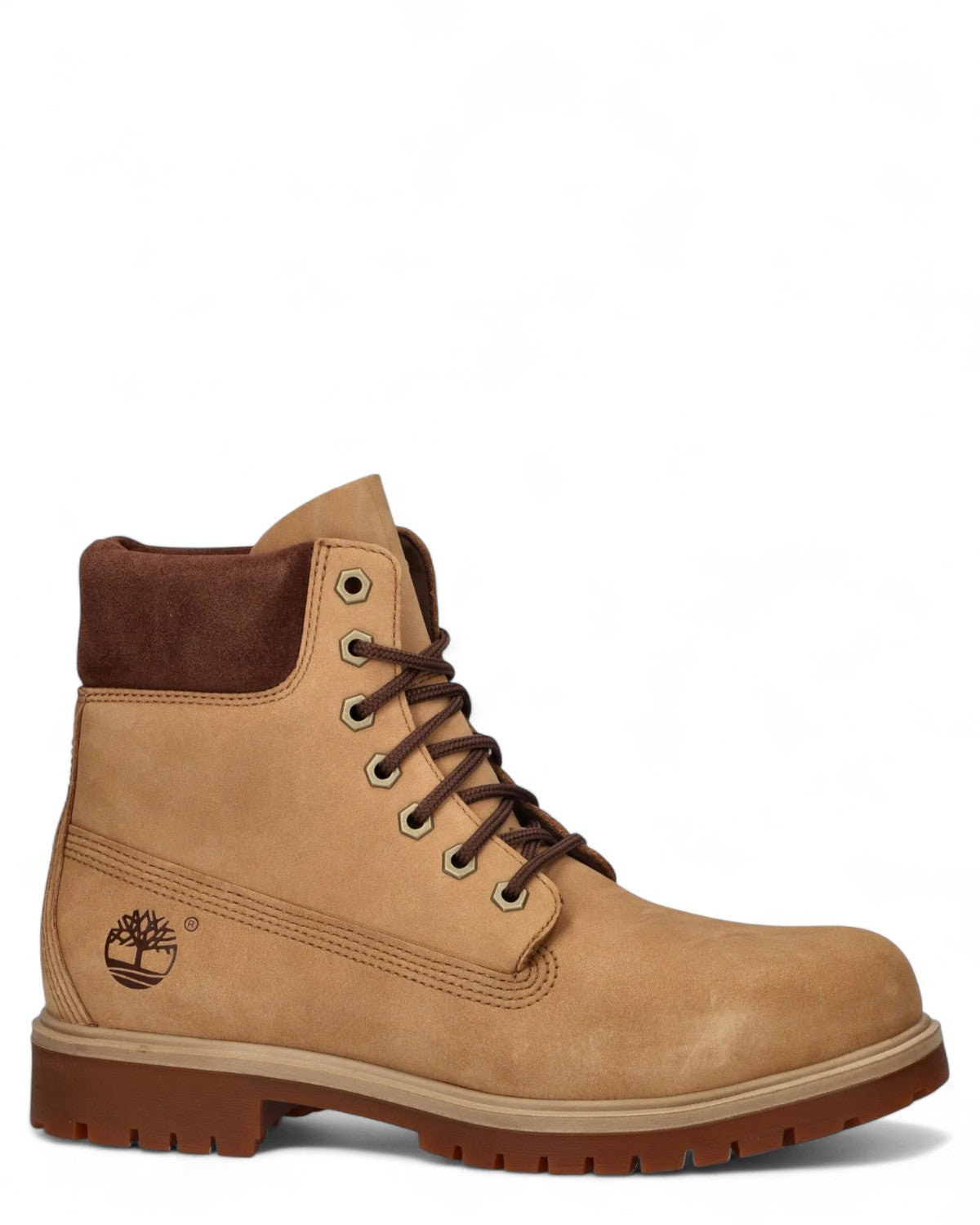 Stivali 6 Inch Waterproof Medium in Nabuk Timberland, vista laterale interna con collo imbottito marrone e occhielli metallici per i lacci.