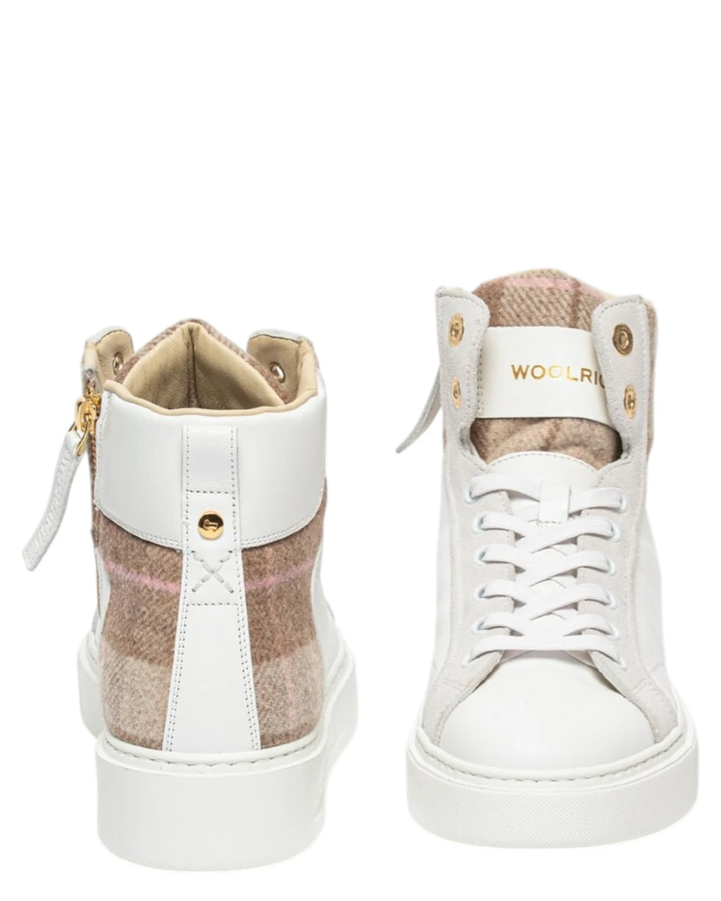 Sneakers femme montantes en cuir blanc et tissu beige avec zip latéral