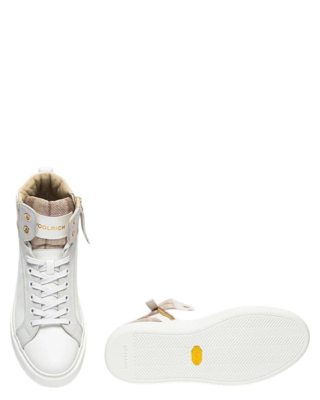 Sneakers femme montantes en cuir blanc et tissu beige avec zip latéral