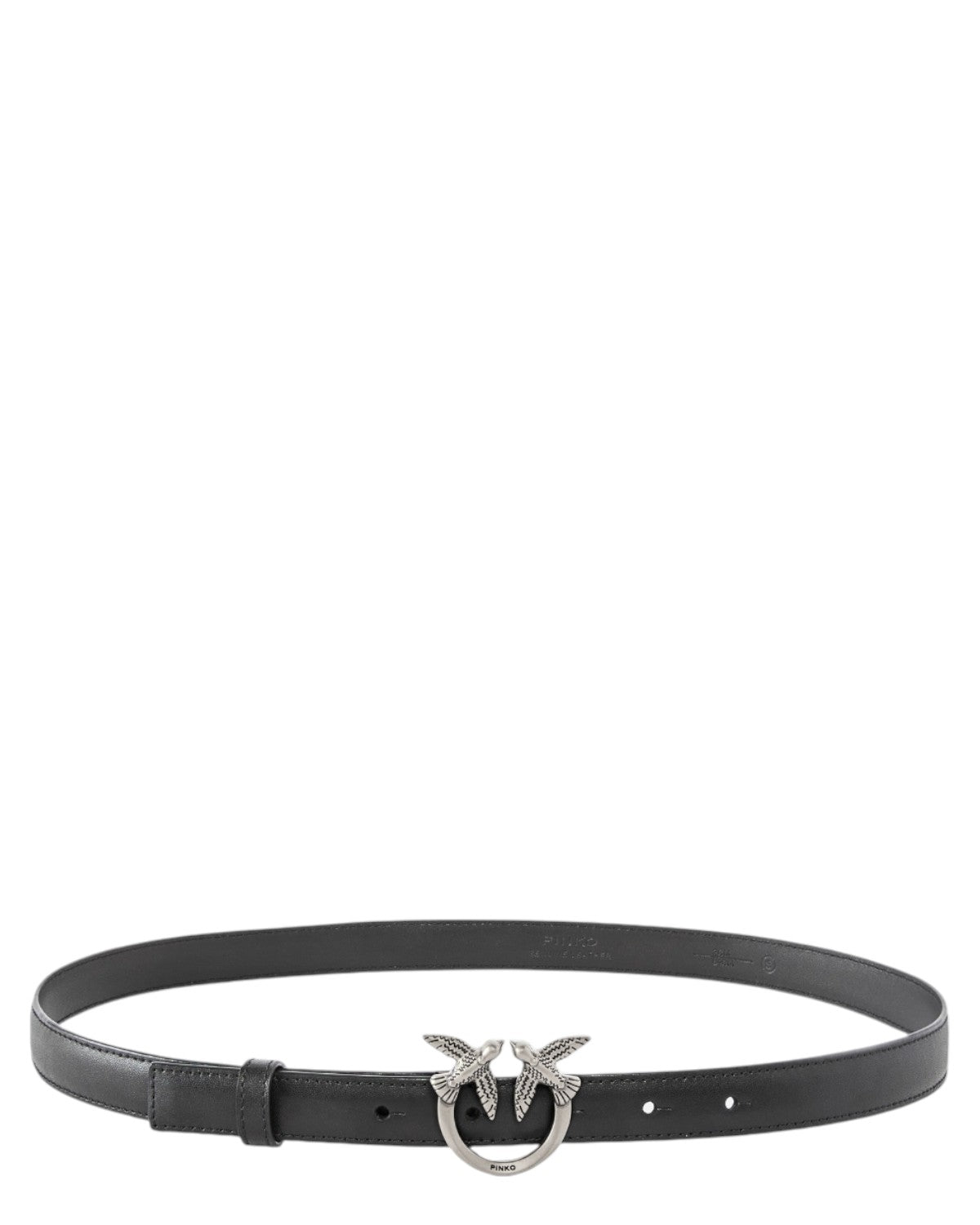 Cintura Pelle Love Birds H2 nera sottile con fibbia iconica a due rondini in metallo argentato, perfetta per look eleganti e invernali.