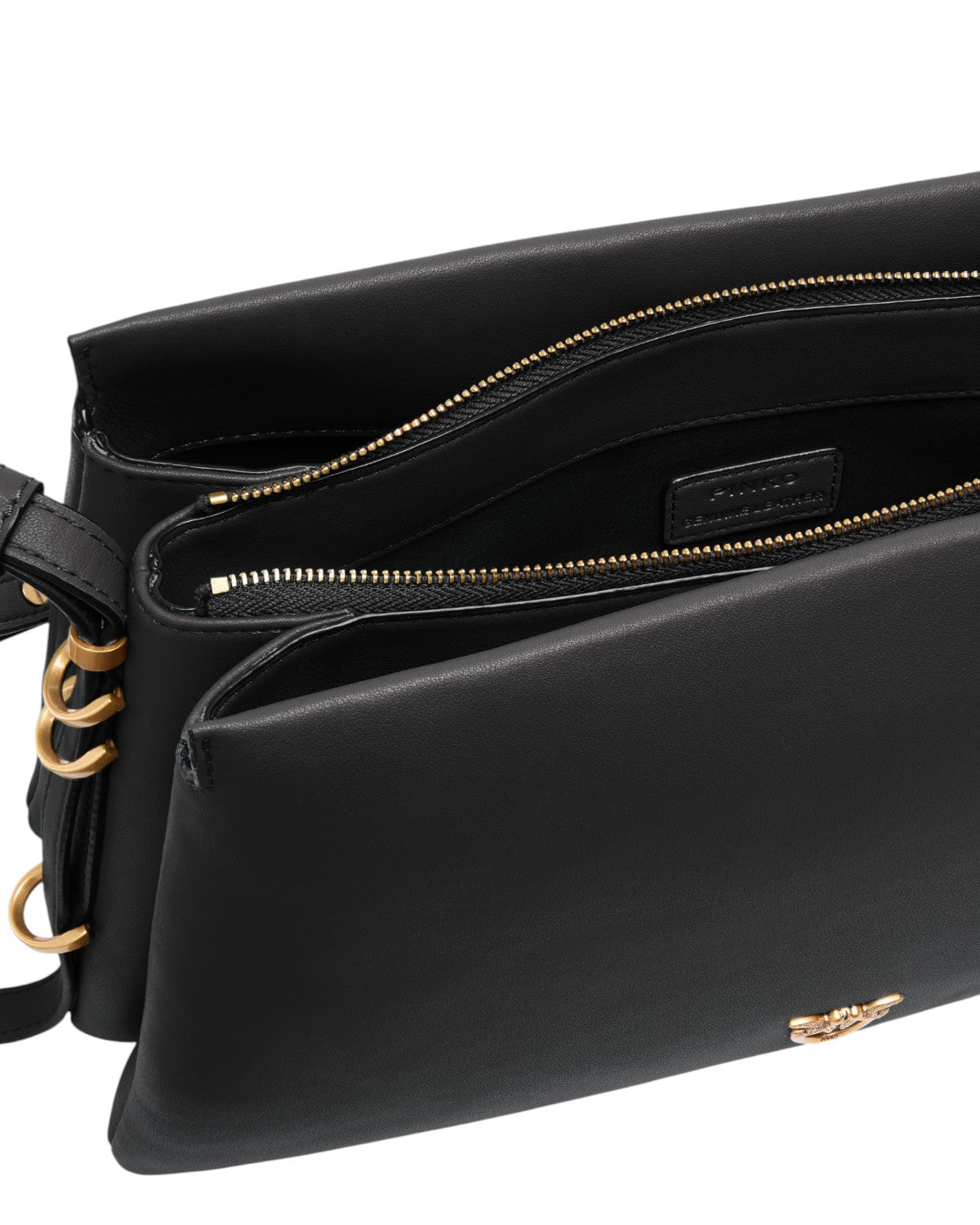 Interno della Tracolla Pinko Triplet in pelle con 3 scomparti separati da zip, design funzionale per un'organizzazione ottimale.