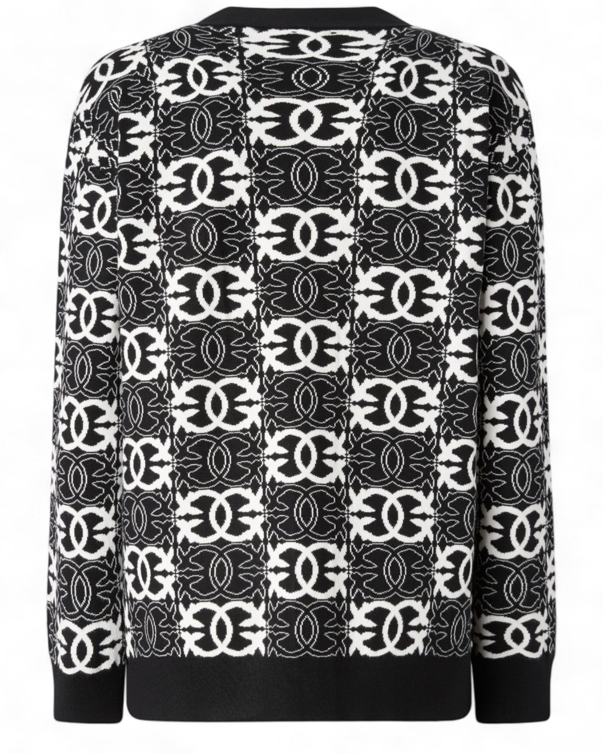 Retro del cardigan oversize con logo Love Birds di Pinko, motivo jacquard all-over in bianco e nero, ideale per outfit casual chic.