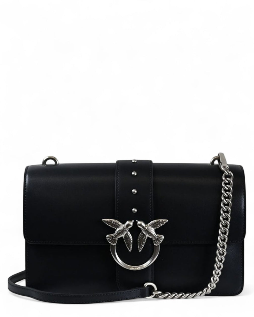 Borsa Pelle Love Birds PINKO Love Bag One Simply nera con catena argentata e fibbia decorativa a rondini, perfetta per look eleganti.