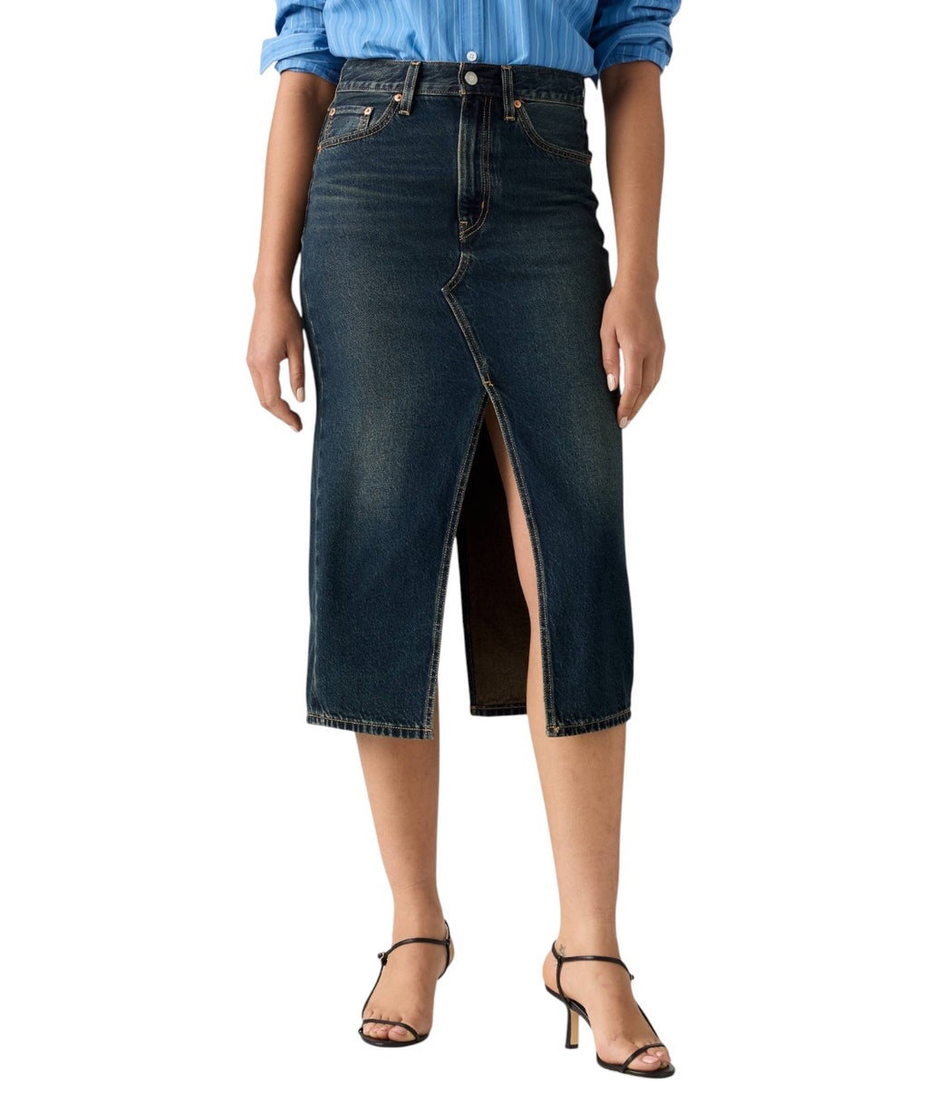 Jupe midi en denim avec fente frontale et design déstructuré