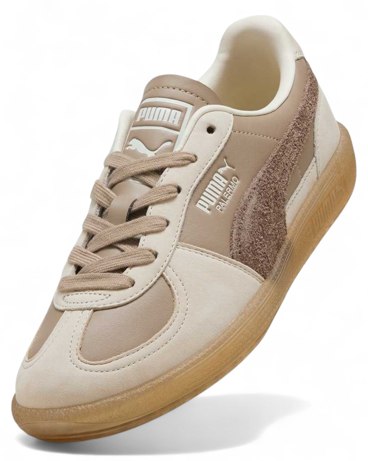 Sneakers Palermo Puma Donna con tomaia in pelle e dettagli in suede marrone, design classico rivalutato per look casual invernali.