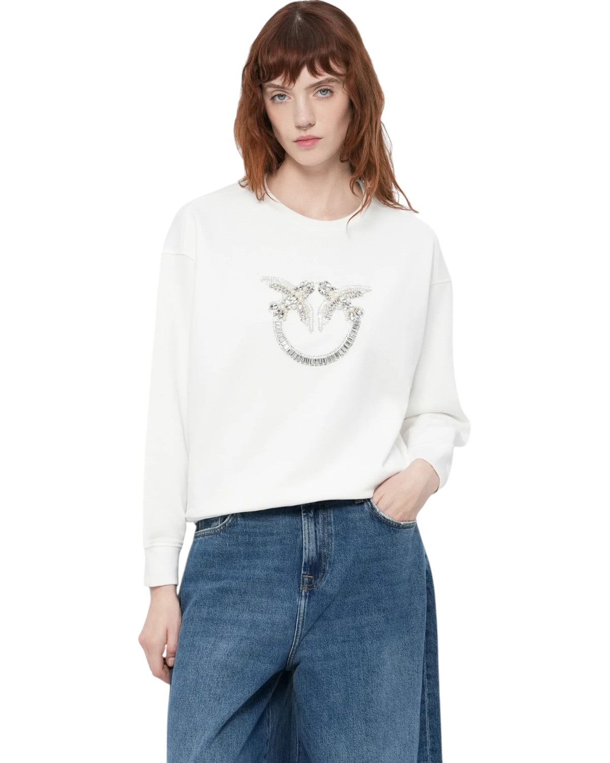 Felpa Girocollo con Ricamo Gioiello Love Birds-Pinko-Maglieria-Vittorio Citro Boutique