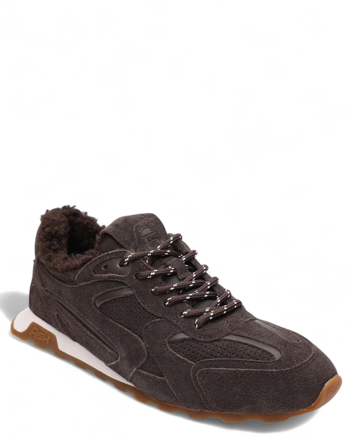 Sneakers Kasar da donna in pelle scamosciata marrone con fodera in eco-pelliccia e lacci bicolore, perfette per comfort e stile invernale.