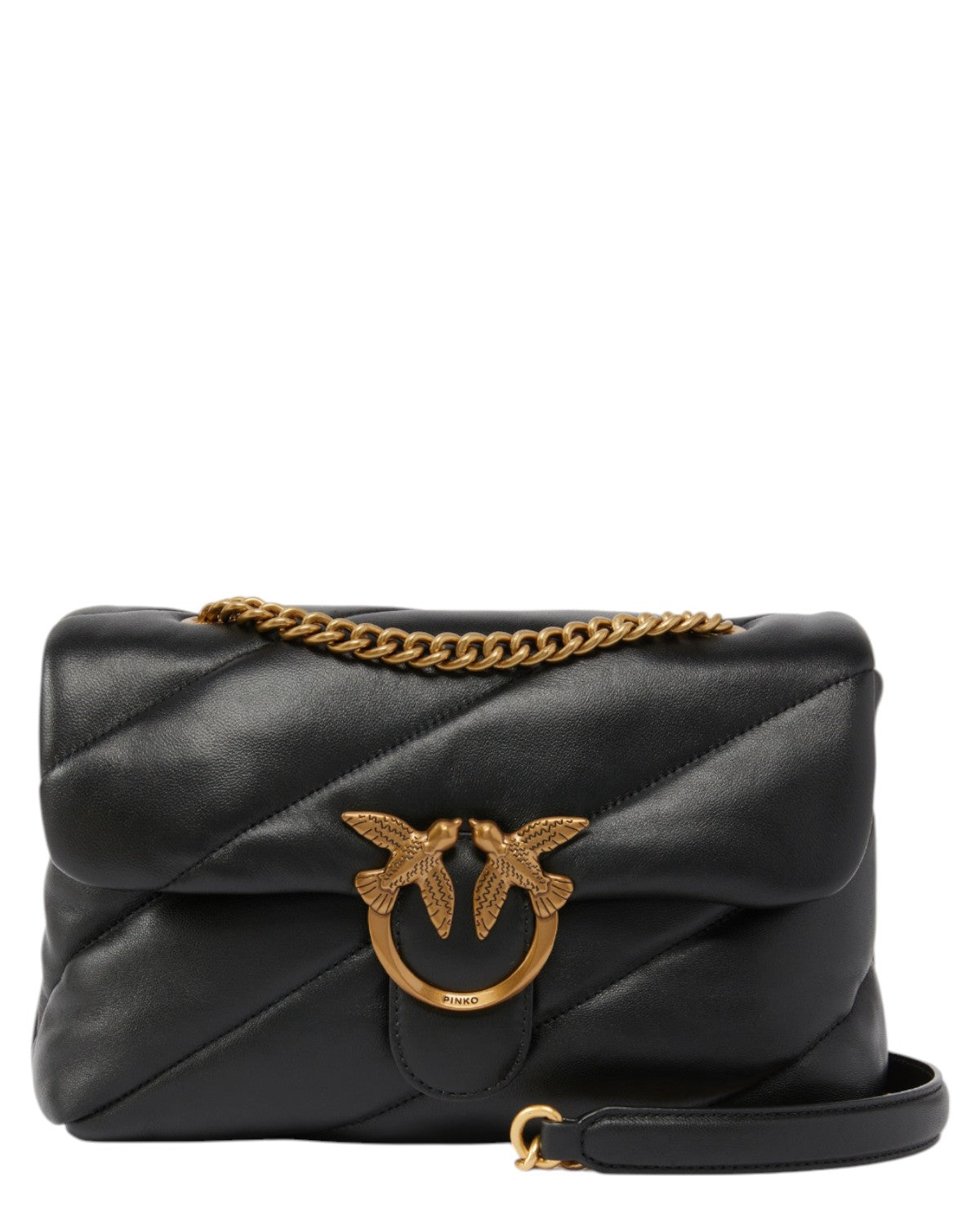 Borsa Love Puff trapuntata in pelle nera con catena dorata e fibbia iconica Love Birds. Design elegante per look invernali da donna.