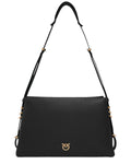 Tracolla Pinko Triplet pelle 3 soffietti elegante in nero con logo dorato e tracolla regolabile, perfetta per look invernali da donna.