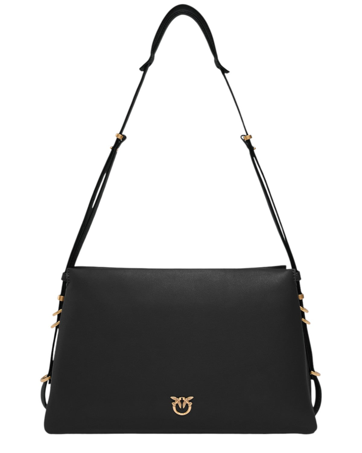 Tracolla Pinko Triplet pelle 3 soffietti elegante in nero con logo dorato e tracolla regolabile, perfetta per look invernali da donna.