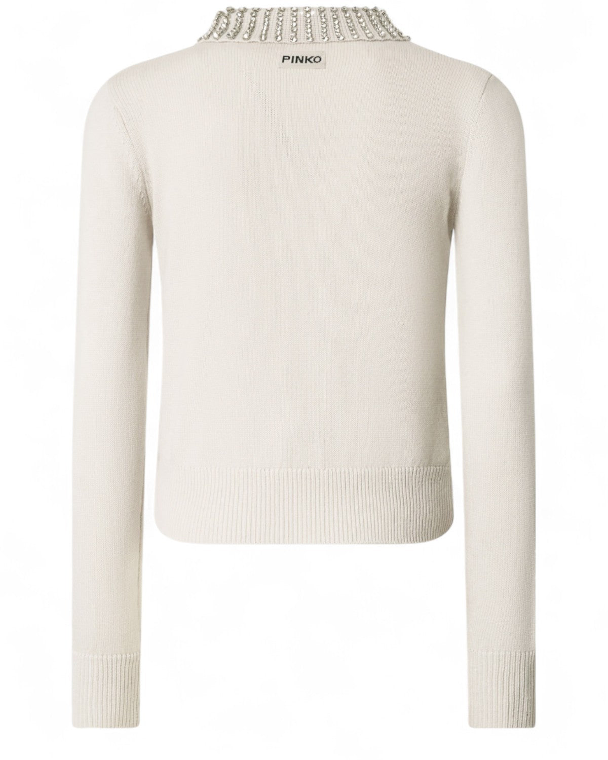 Retro della Maglia Polo Strass Pinko con logo sul dorso e colletto impreziosito da dettagli luminosi, perfetta per look sofisticati.