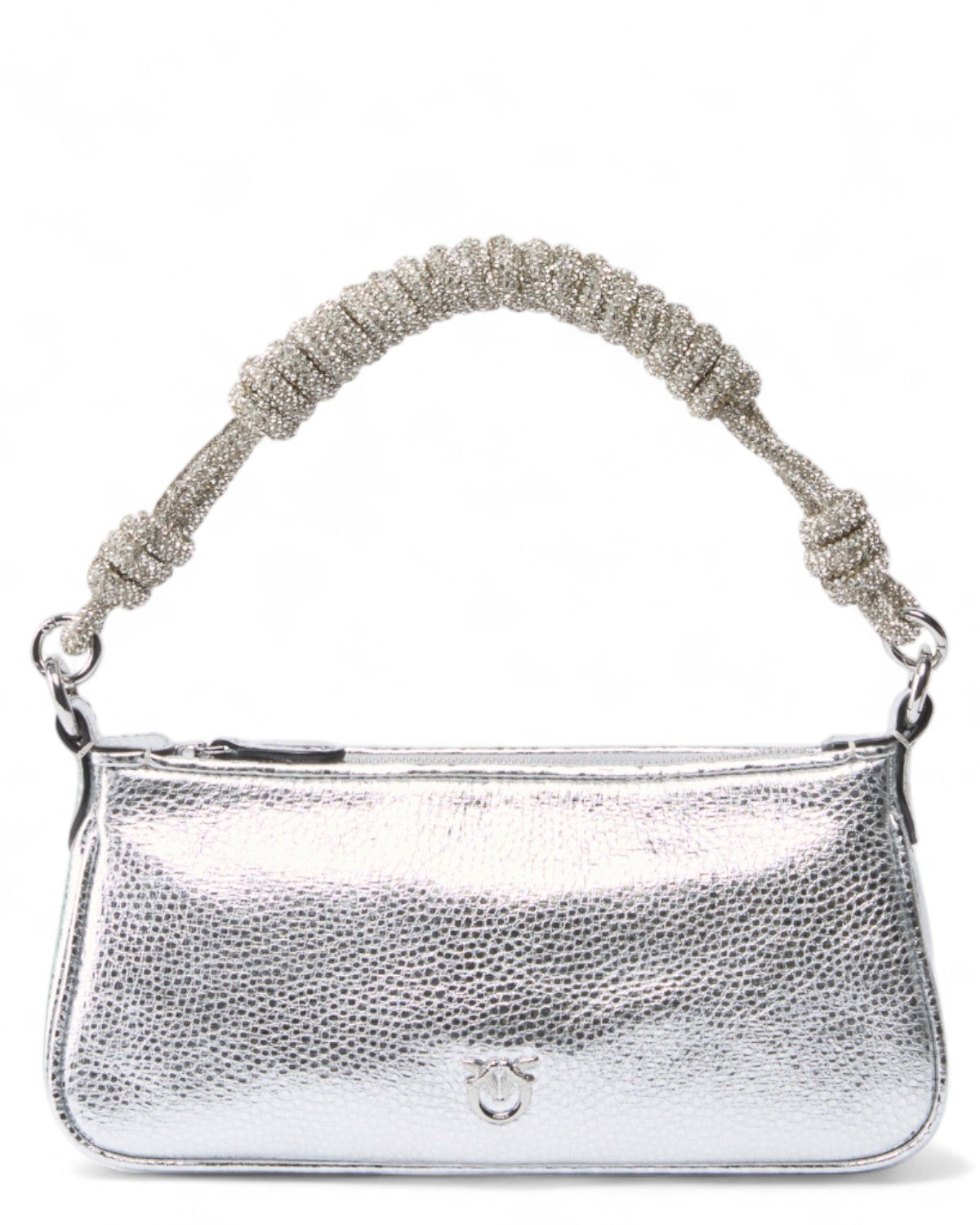 Borsa Half Moon Mini laminata con cristalli esclusivi in argento, manico intrecciato con cristalli e design compatto per look eleganti.