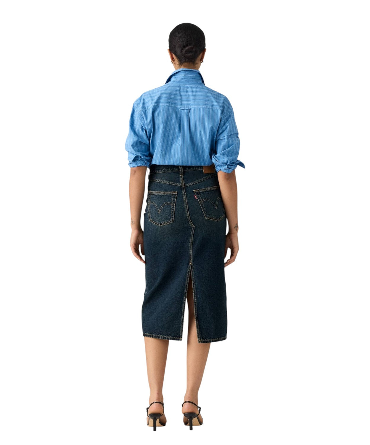 Jupe midi en denim avec fente frontale et design déstructuré