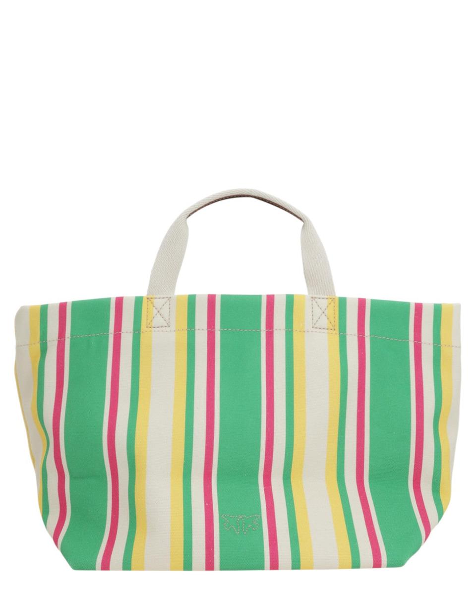 Shopper Media in Tela a Righe con Manici in Pelle e Logo Love Birds-Pinko-Borse a mano-Vittorio Citro Boutique