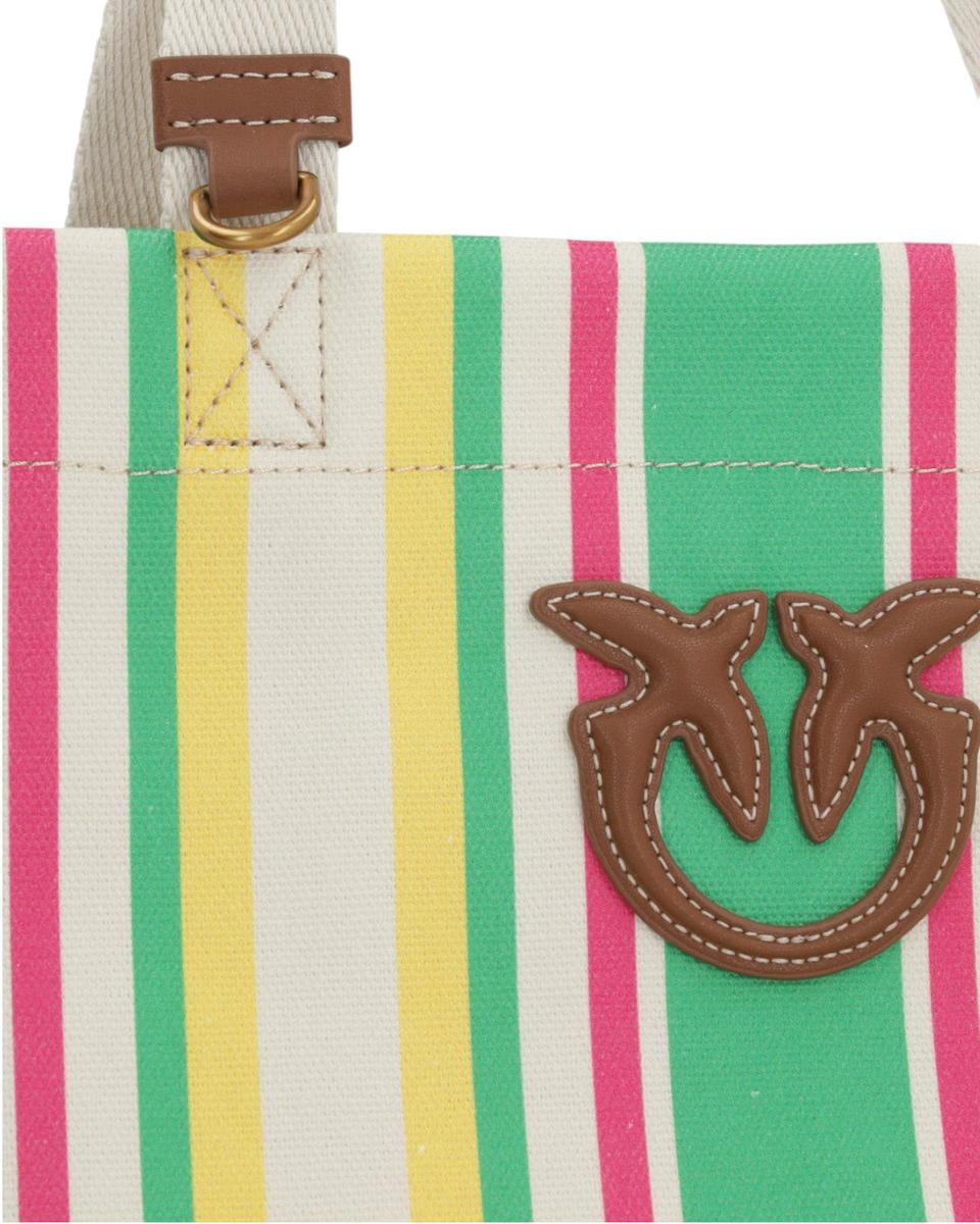 Shopper Media in Tela a Righe con Manici in Pelle e Logo Love Birds-Pinko-Borse a mano-Vittorio Citro Boutique