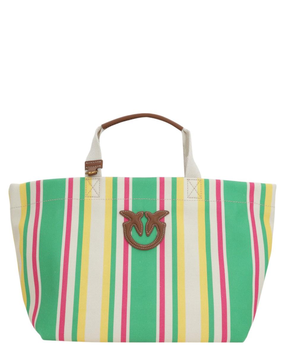 Shopper Media in Tela a Righe con Manici in Pelle e Logo Love Birds-Pinko-Borse a mano-Vittorio Citro Boutique
