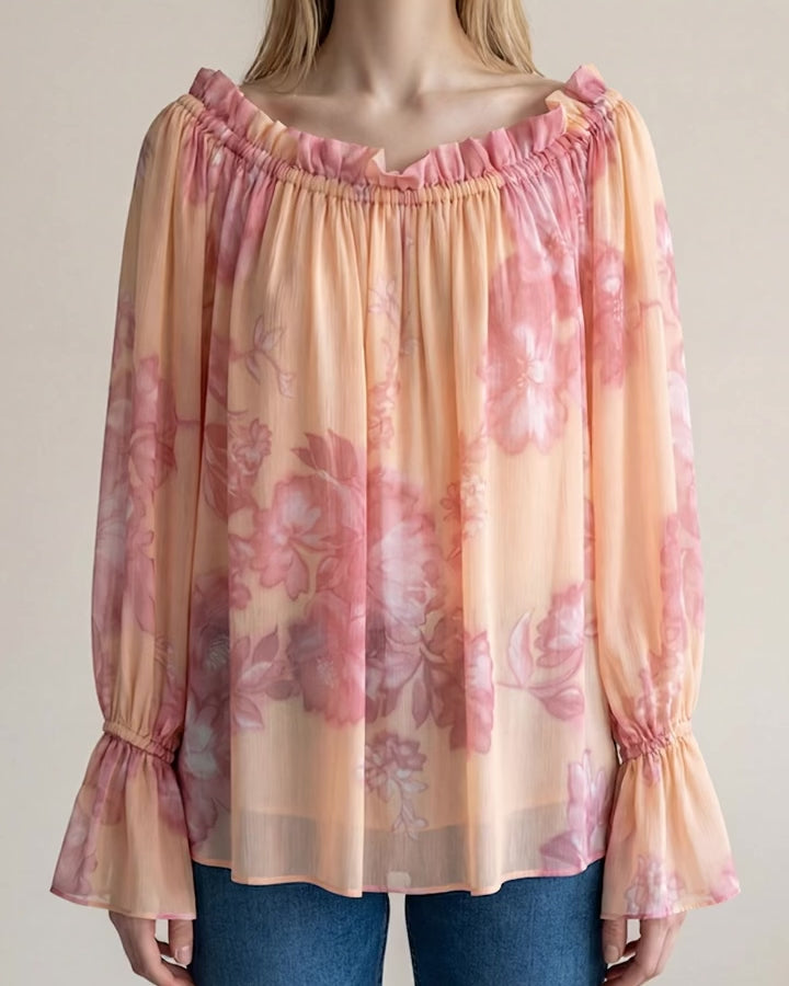 Blusa Donna Marella Floreale Rosa Pesca con Scollo Arricciato