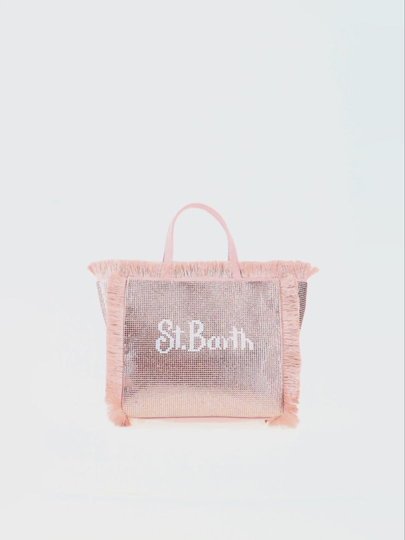 Mini Borsa Vanity con Frange e Strass Rose Gold