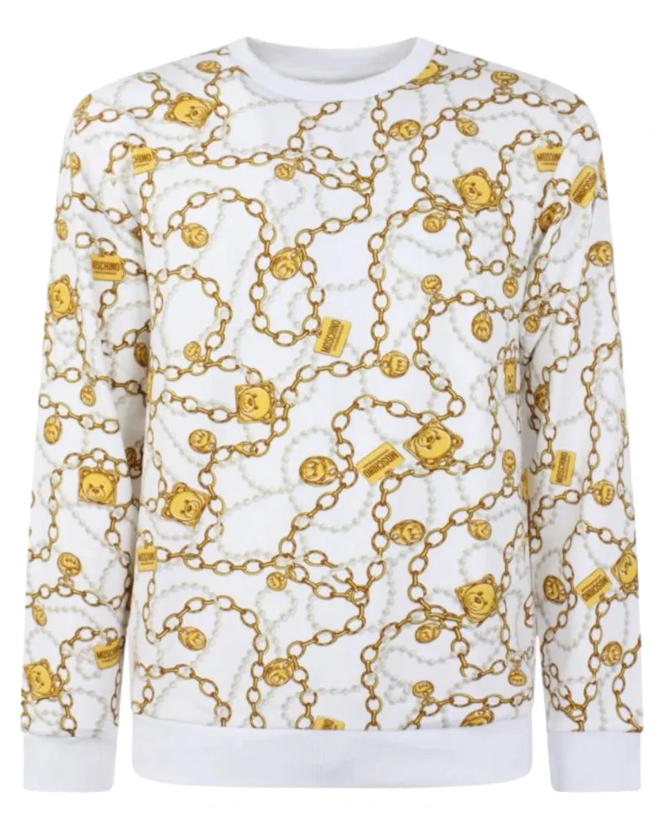 Felpa Moschino bianca con stampa catene oro e orsetti – unisex-Moschino-Felpe-Vittorio Citro Boutique