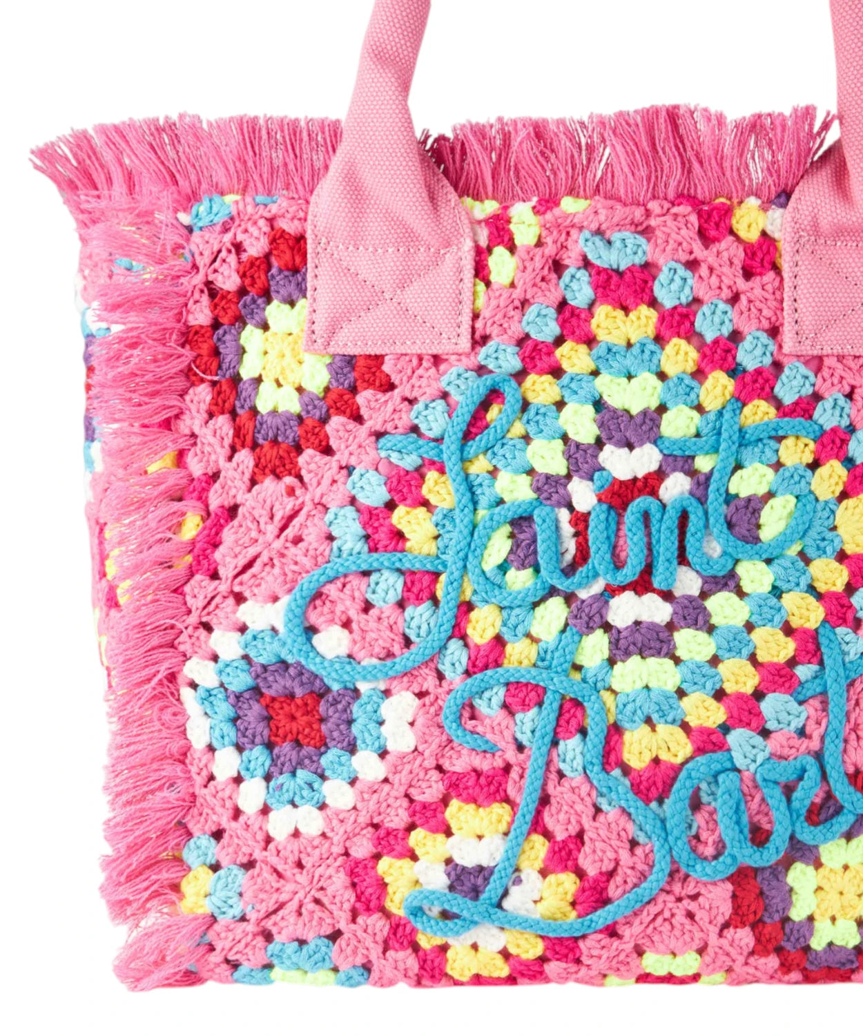 Borsa a spalla Vanity all’uncinetto rosa con fantasia multicolore e frange-Mc2 Saint Barth-Borse a mano-Vittorio Citro Boutique