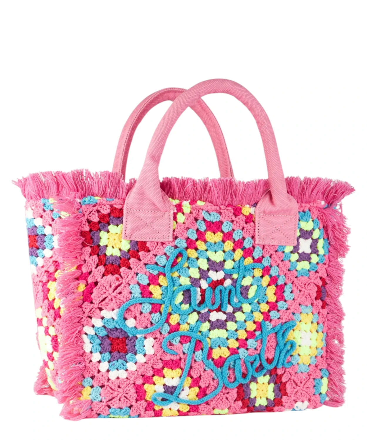 Borsa a spalla Vanity all’uncinetto rosa con fantasia multicolore e frange-Mc2 Saint Barth-Borse a mano-Vittorio Citro Boutique
