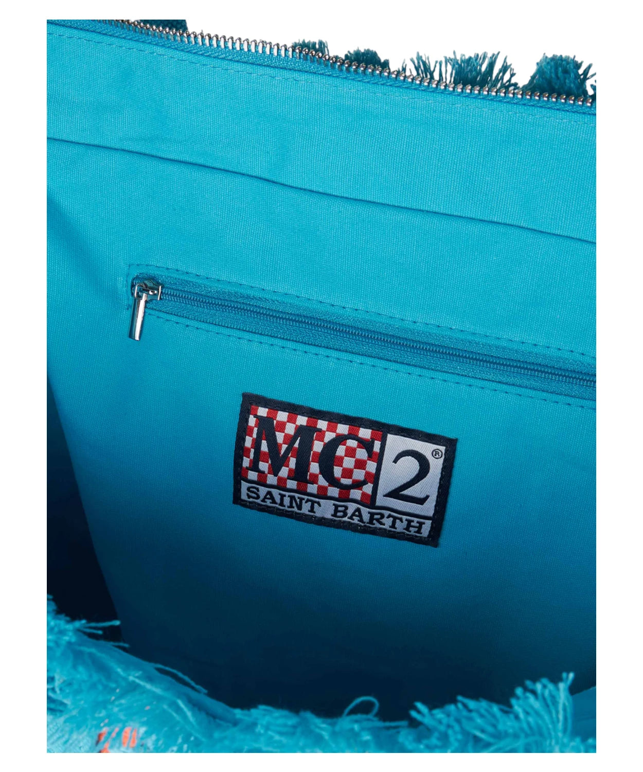 Borsa a spalla Vanity all’uncinetto azzurro con fantasia multicolore e frange-Mc2 Saint Barth-Borse a mano-Vittorio Citro Boutique