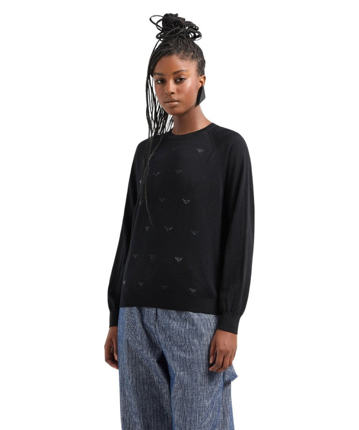 Maglione in lana rasata con micro strass Logo-Emporio Armani-Maglieria-Vittorio Citro Boutique