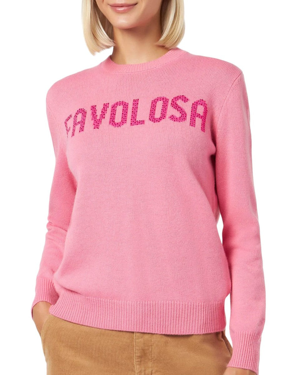 Maglia girocollo rosa con stampa strass Favolosa-Mc2 Saint Barth-Maglieria-Vittorio Citro Boutique