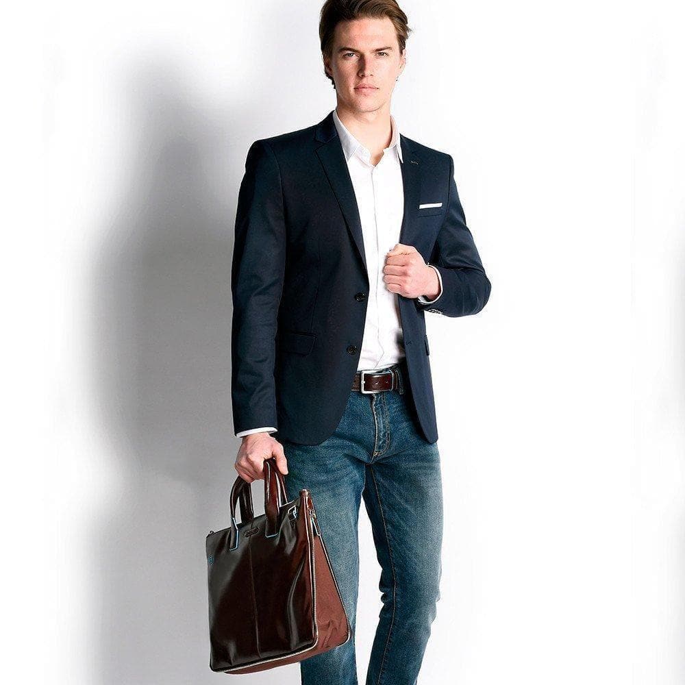 PIQUADRO - Cartellina sottile in pelle due manici blue square - Vittorio Citro Boutique