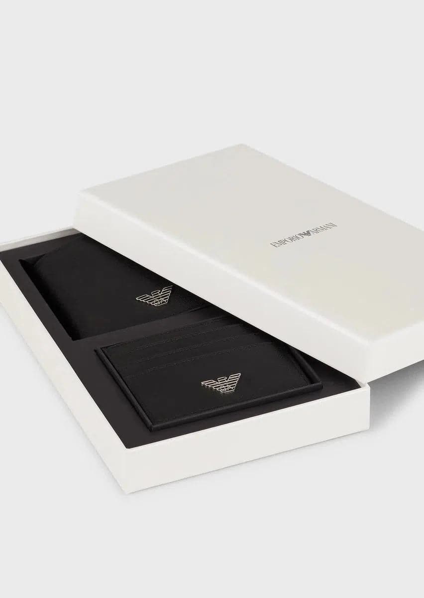 Gift box con portafoglio e portacarte in pelle rigenerata placchetta aquila - Vittorio Citro Boutique